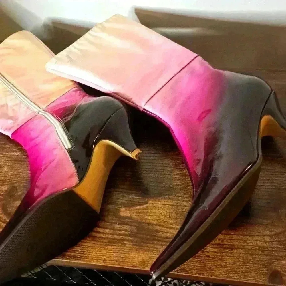 #80 PINK Pantent Leather Boots With Marks As  Shown Worn Once (Pointy Tips)